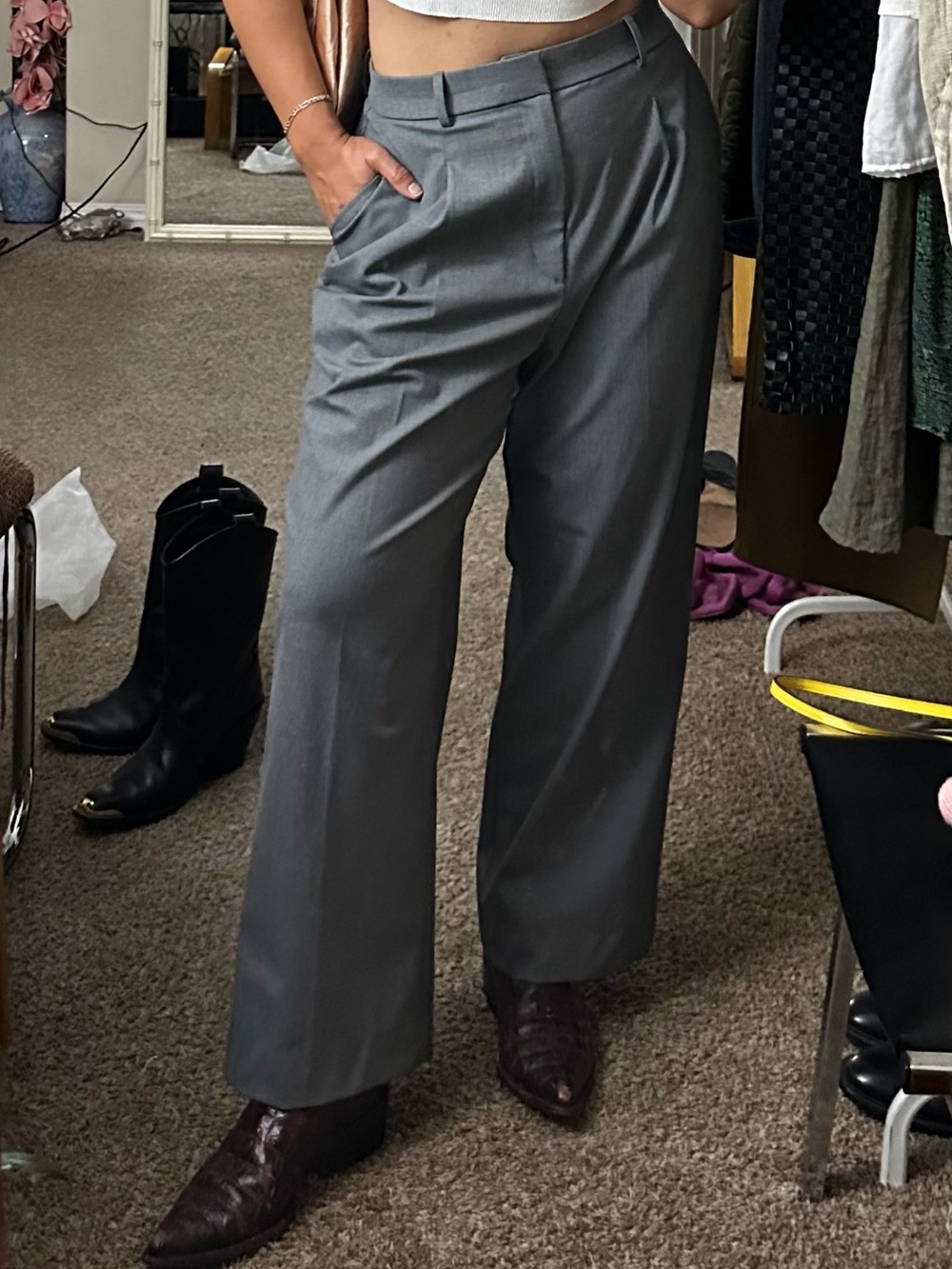 UNIQLO Classic Grey Trouser Pants High Waist Relaxed Leg Size-L